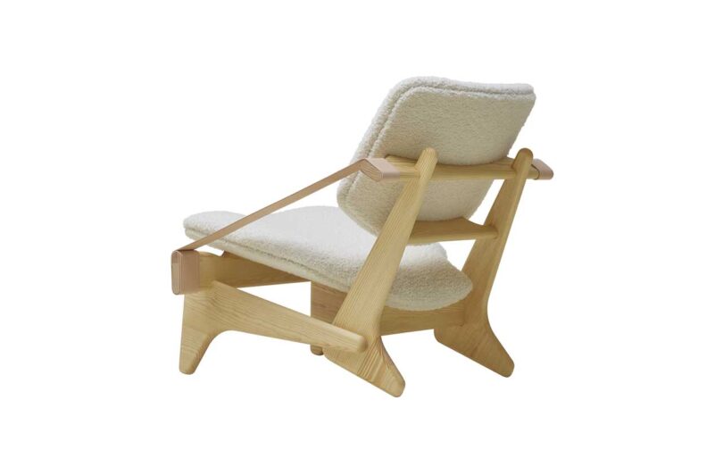 low-slung wood chair with upholstered seat and backrest