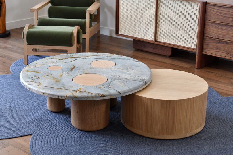 two nesting light wood and grey marble coffee tables
