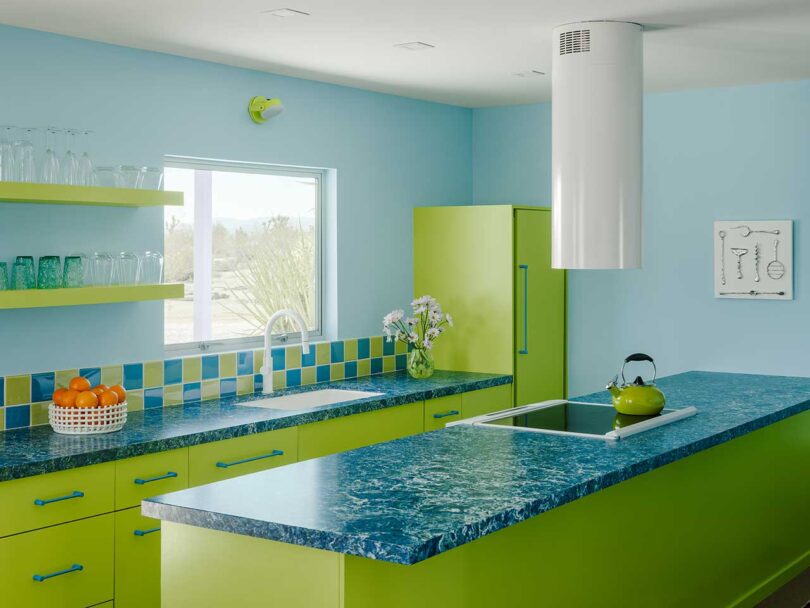 colorful kitchen in lime green and aqua colors