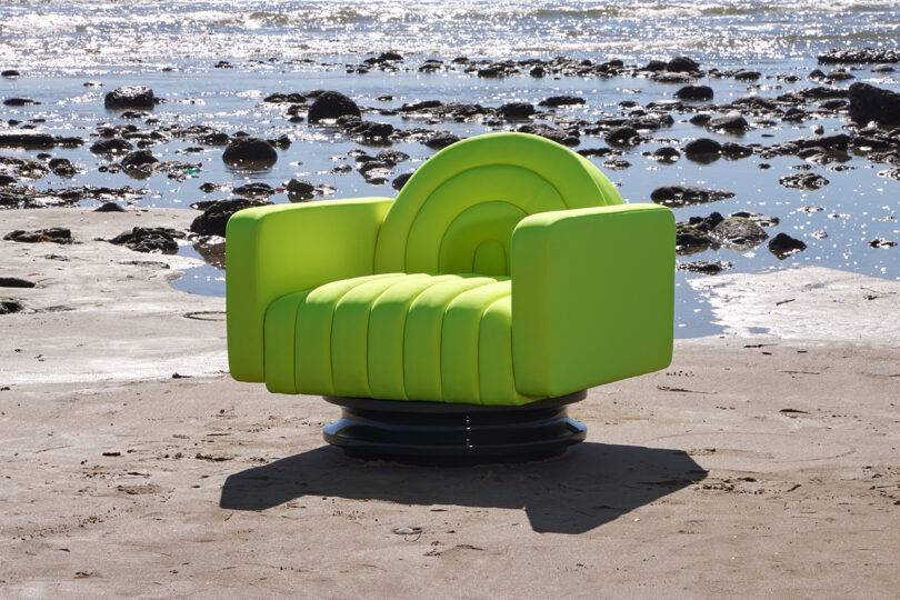 neon green outdoor channel tufted armchair on the beach