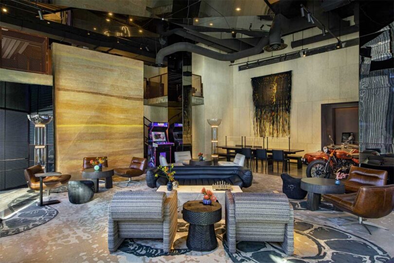 eclectic lobby of Moxy Downtown LA hotel with various seating