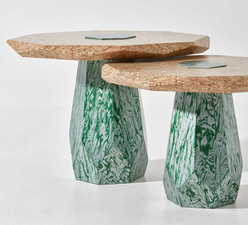 closeup of side by side tables made from layered materials