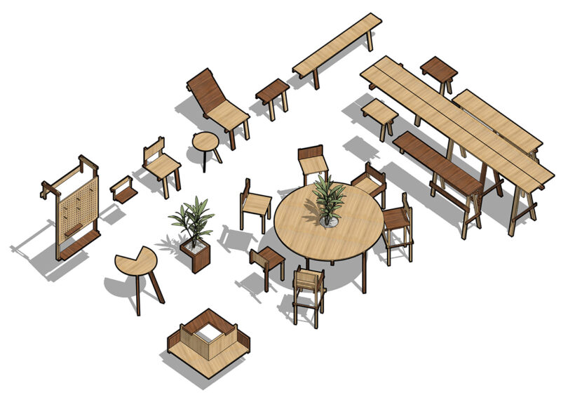 digital rendering of various integrated forms of wood tables and seating