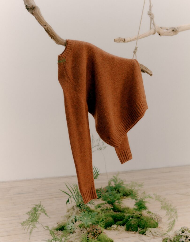 hanging rust colored sweater on a suspended branch