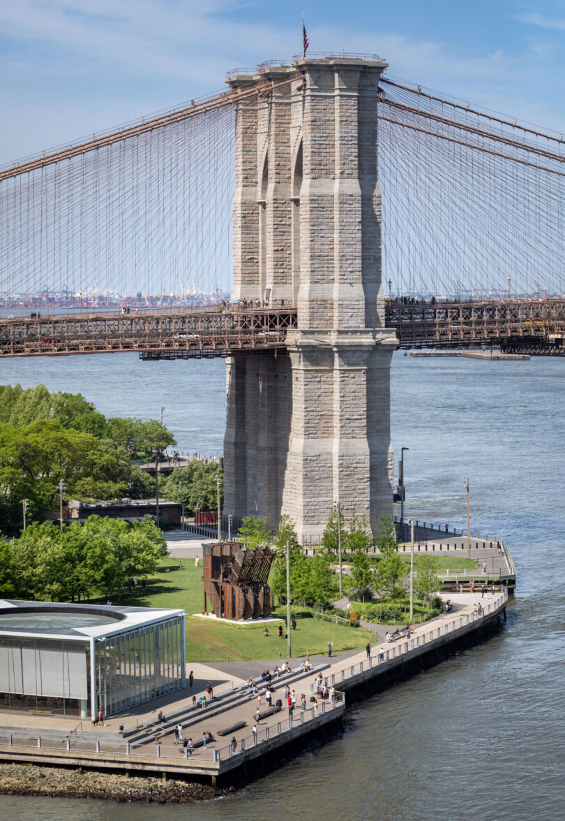 Areal view of Nicholas Galanin's sculpture with Brooklyn Bridge in background