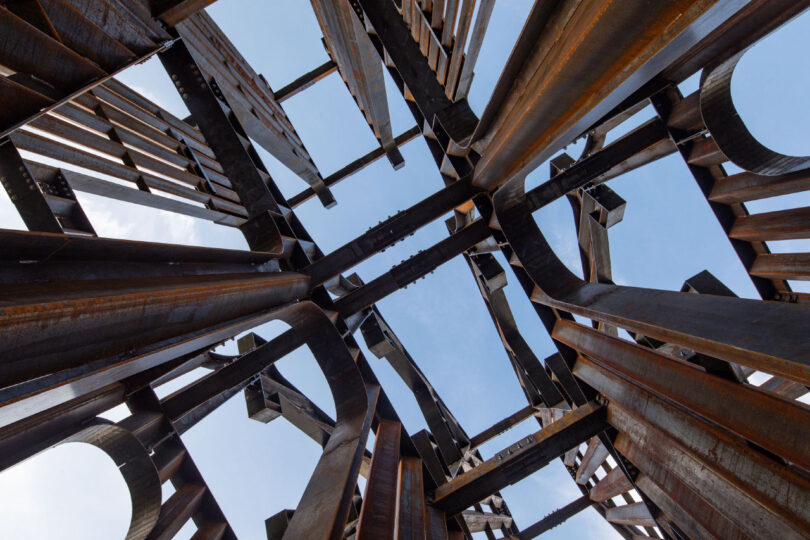 View of looking up from inside the sculpture