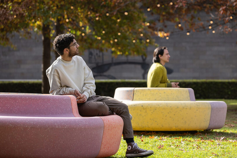 colorful circular outdoor benches that slowly spin