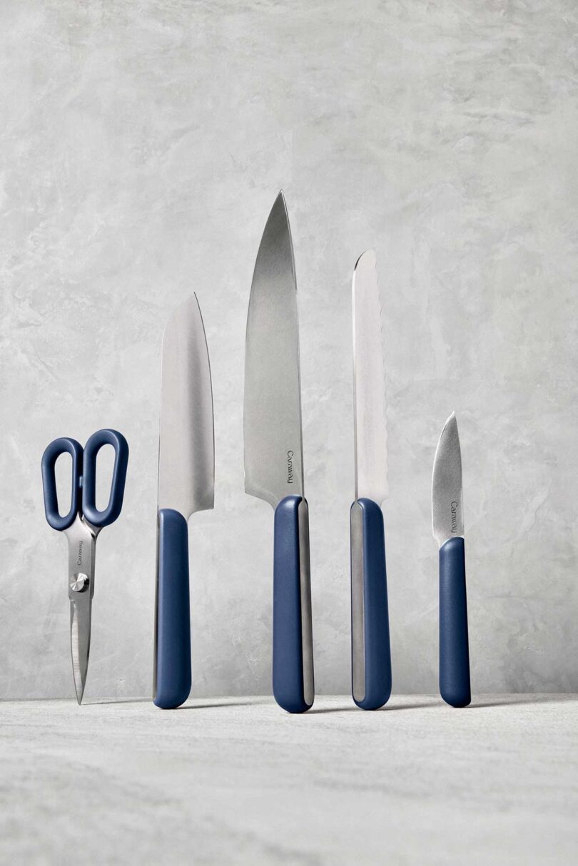 styled shot of blue handled knives standing up