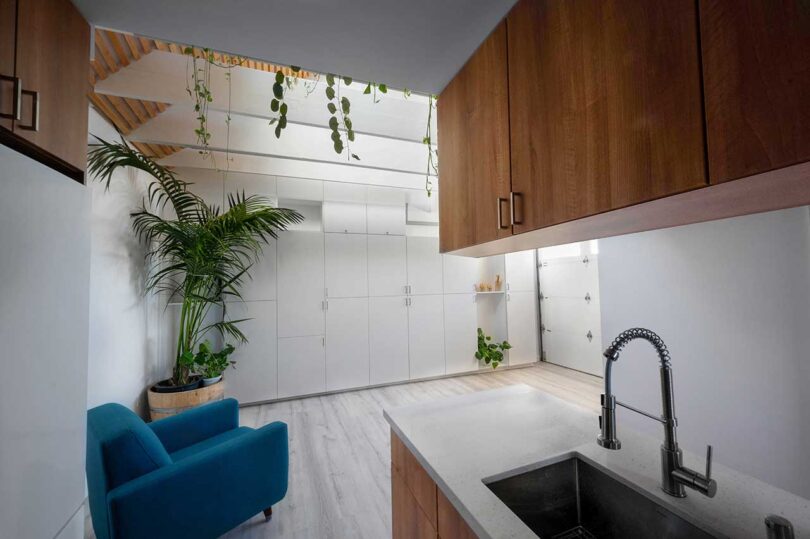 angled interior view of modern kitchen with wood cabinets and white countertops