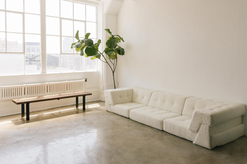 three-seater single layer white sofa in a styled interior space