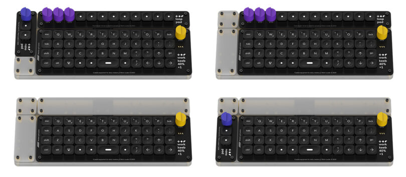 A collage of all 4 pre-set models of the Creator Board with varying combinations of keyboard modules, shown left to right: The Creator, The Maker, The Starter, The Worker