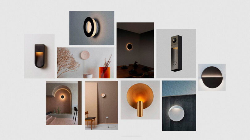 Inspiration board of contemporary modern wall sconces, with the majority of designs featuring a circular indirect lighting design.