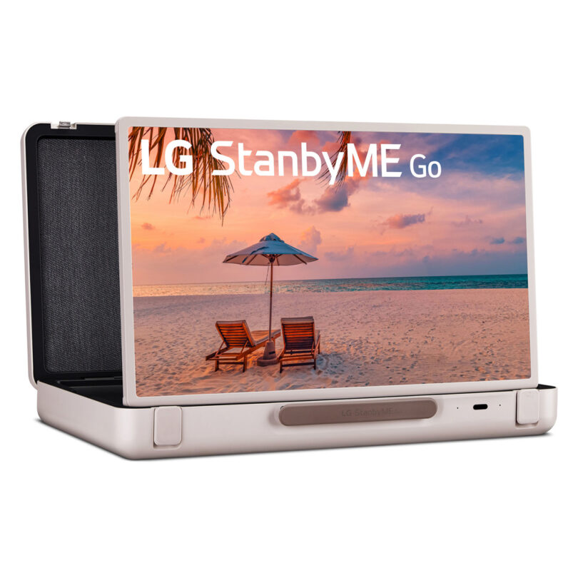 LG StanbyME Go open with the 27-inch LED display propped up on an adjustable stand in lowest horizontal landscape viewing mode with a simulated tropical beach scene during sunset and "LG STanbyME Go" on the screen.