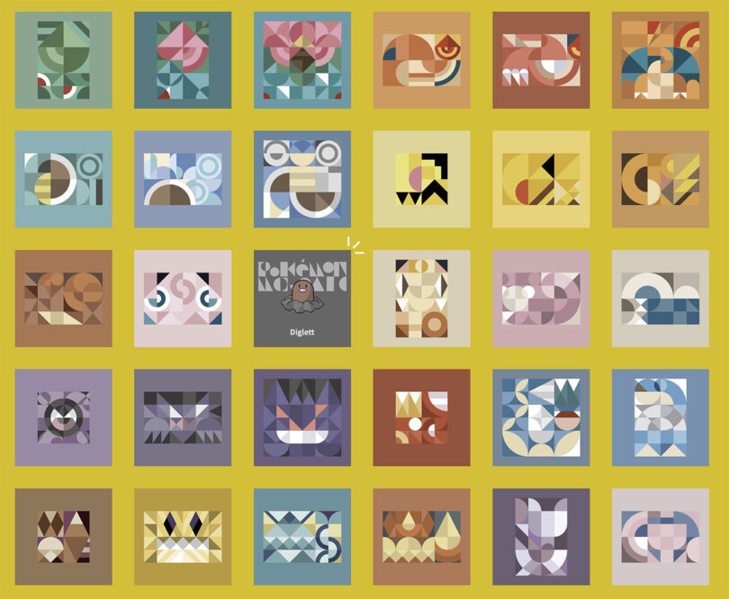 A grid of 24 abstract geometric illustrations showing how nendo's design team transformed Pokemon character art into abstract designs for the Pokemon Mosaics collection.