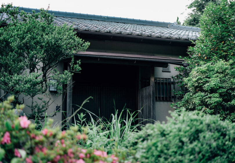 Front view of the home's small tea garden entry called "roji", with lush traditional Japanese landscaping and tile roof.
