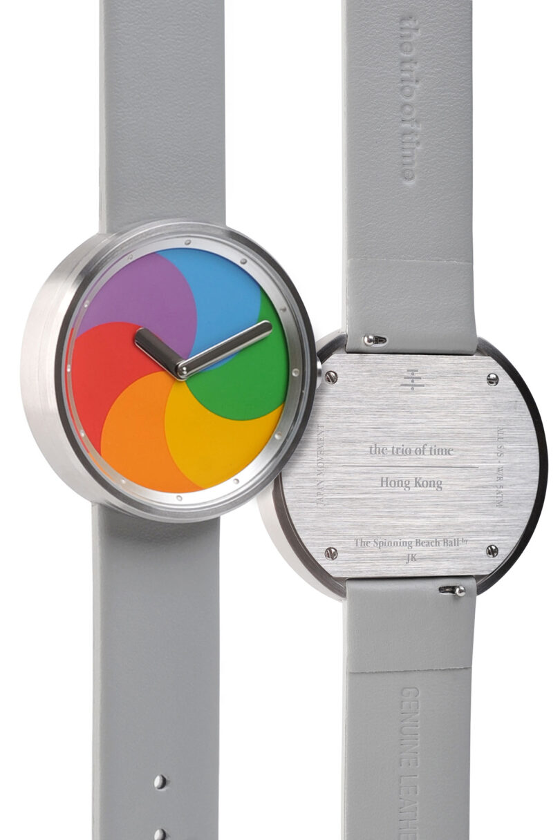 Side by side The Trio of Time The Spinning Beach Ball wrist watch, one on the left static, with another watch on right revealing the stainless steel back cover engraved with "the trio of time Hong Kong" and "The Spinning Beach Ball by JK"