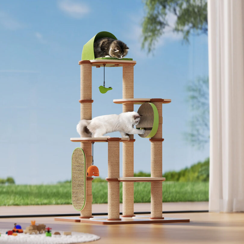 Largest four tier Castle Infinity Cat Tree configuration, shown with two adult cats looking at one another from different levels with one pawing at a cat toy. In background on the other side of a large window is an outdoor lawn area with blue skies and trees.