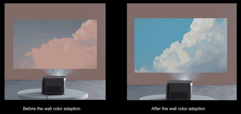 Side by side comparison of a simulated sky as output by two projectors, one without wall color adaption technology – dull and pink tinged – and a second with wall color adaption turned on, resulting in a more accurate blue sky with white clouds.