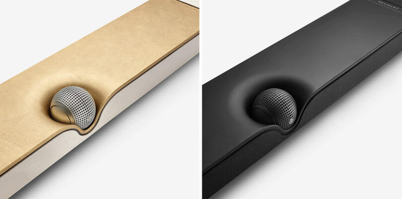 Side by side photos of the the special edition Devialet Dione Opéra de Paris soundbar next to the standard all-black edition.