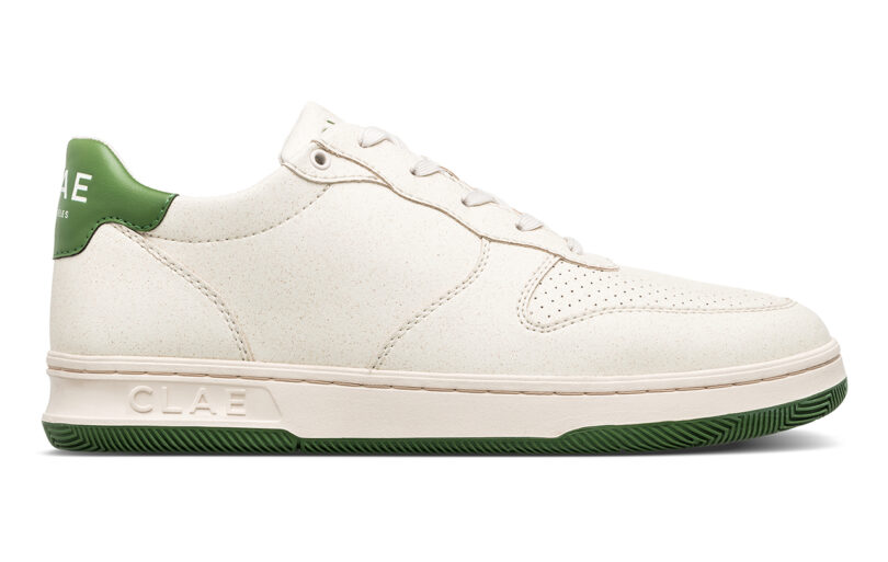 CLAE Malone sneaker side profile with Appleskin leather upper and green brown heel collar.