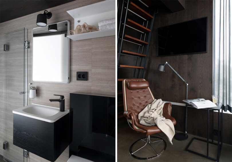Side by side photos of The Bolder Lodges' bathroom and interior furnishings, including a small bathroom sink and leather armchair with tilting adjustable floor lamp in black.