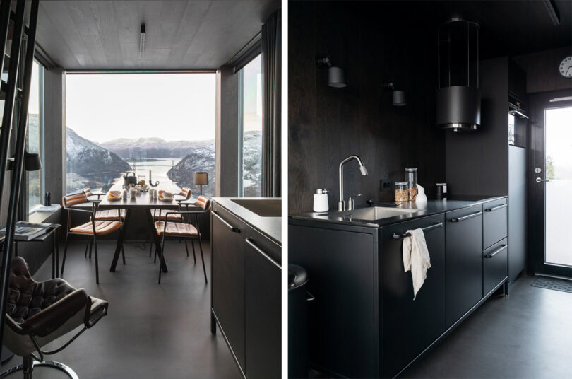 Side by side photos of The Bolder Lodge interiors; left image shows panoramic view looking out onto the fjord from a slim dining area, the other a dark small kitchen with a circular black kitchen vent and black countertops done by Vipp.