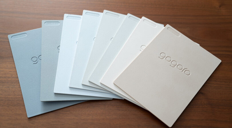 Eight nature influenced color swatches representing the color palette as chosen by MUJI's Advisory Board Member, Naoto Fukasawa, each piece embossed with the gogoro logo.