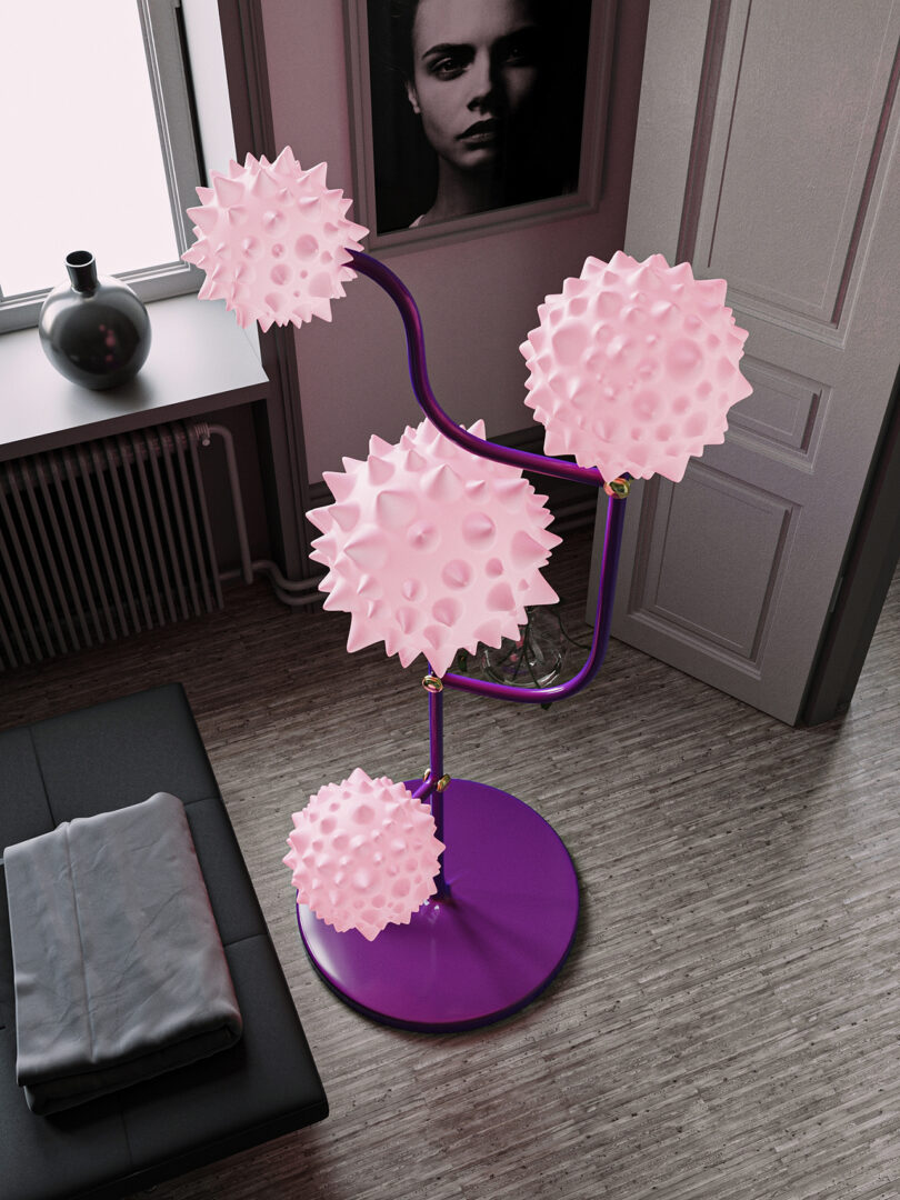 floor lamp with four spiky orbs at the end of its arms in a styled space