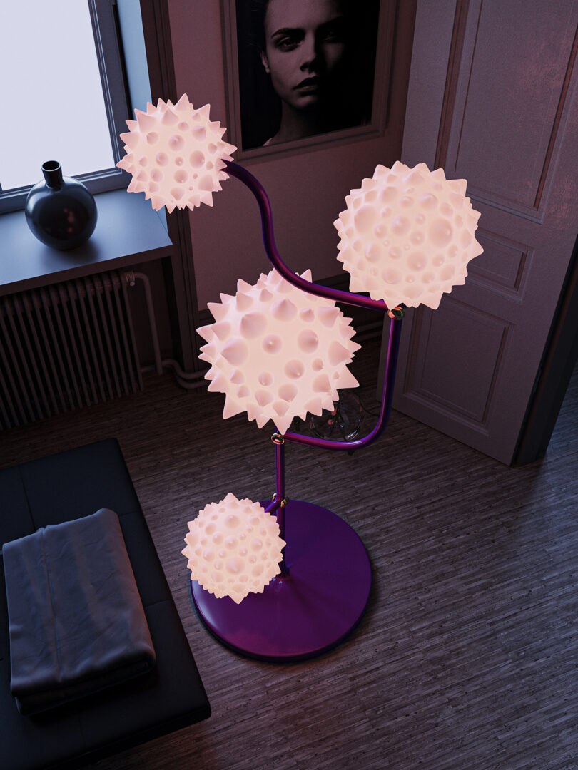 floor lamp with four spiky orbs at the end of its arms in a styled space
