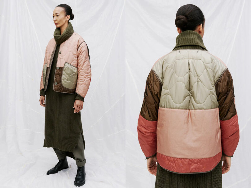 two views of a quilted jacket