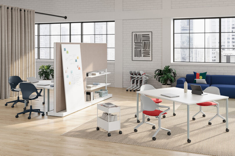 workspace with nesting office chairs