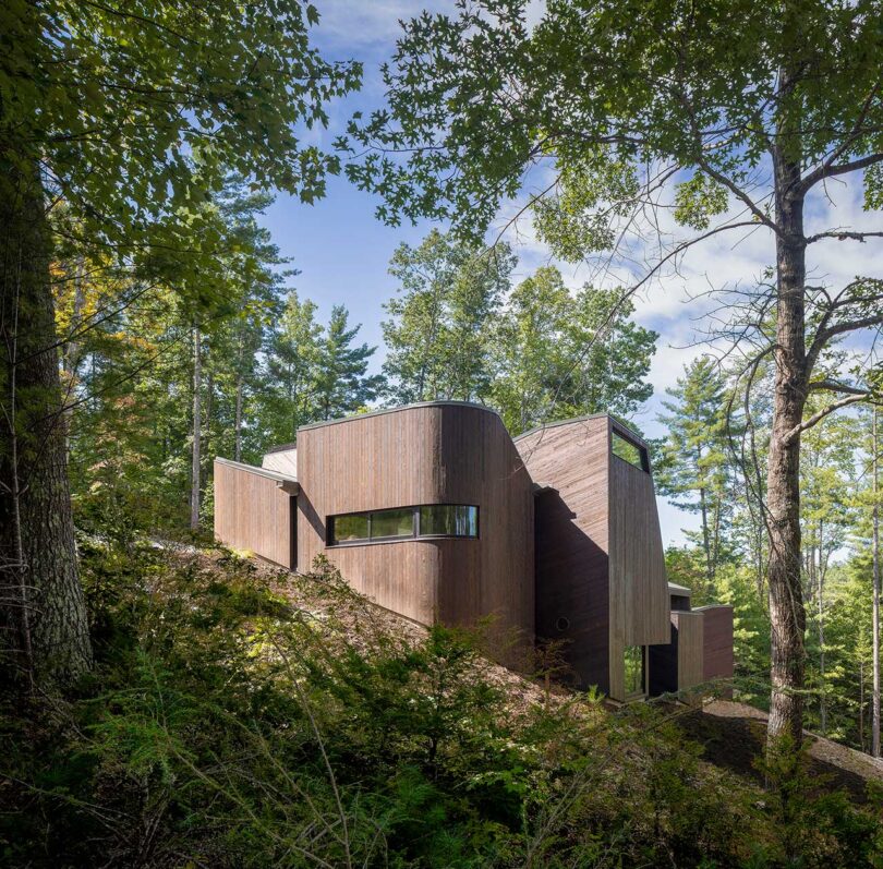 angled view from down hill looking up to modern brown house in woods