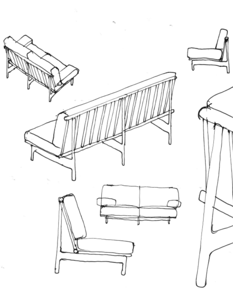 Pencil drawings of the Spoke sofa from different angles