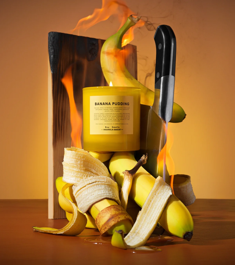 visual collage of bananas, banana peels, a knife, and a candle in a yellow glass container