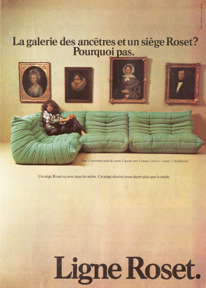 old print advertisement featuring a green modular sofa with low seating with four classical paintings hanging on the wall behind it