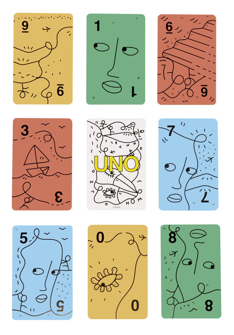 nine colorful numbered playing cards with black line illustrations on a white background