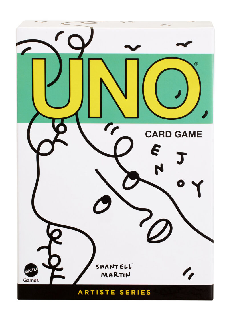 playing card box reading UNO Card Game with a black line drawing of a face
