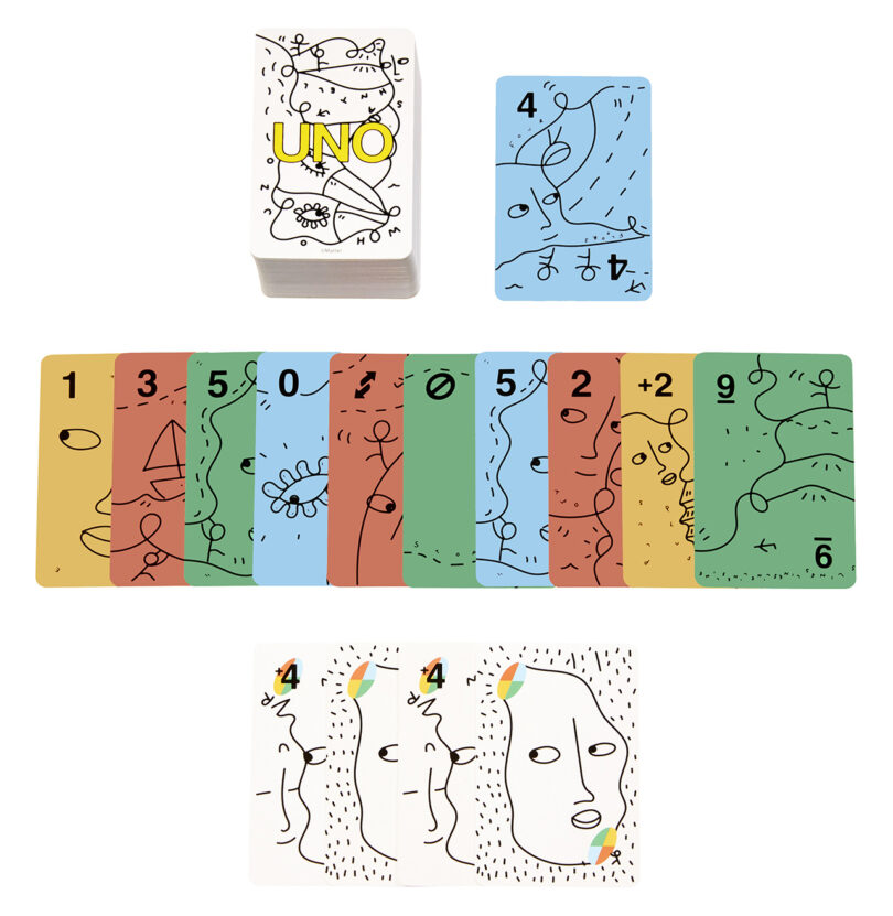 colorful numbered playing cards with black line illustrations on a white background