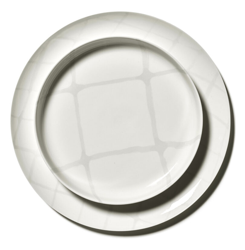 white and grey grid pattern tableware on a white background