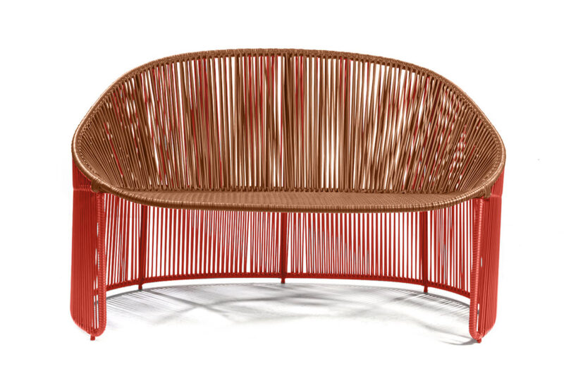 black woven two-seater bench on white background