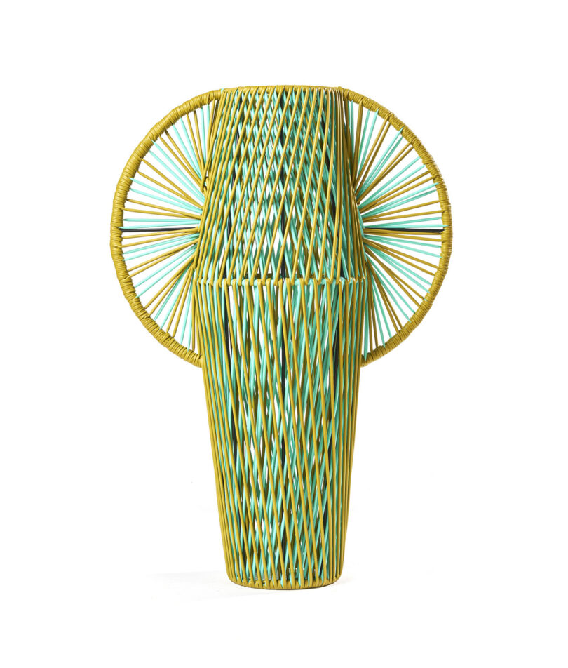 green woven vase on white background