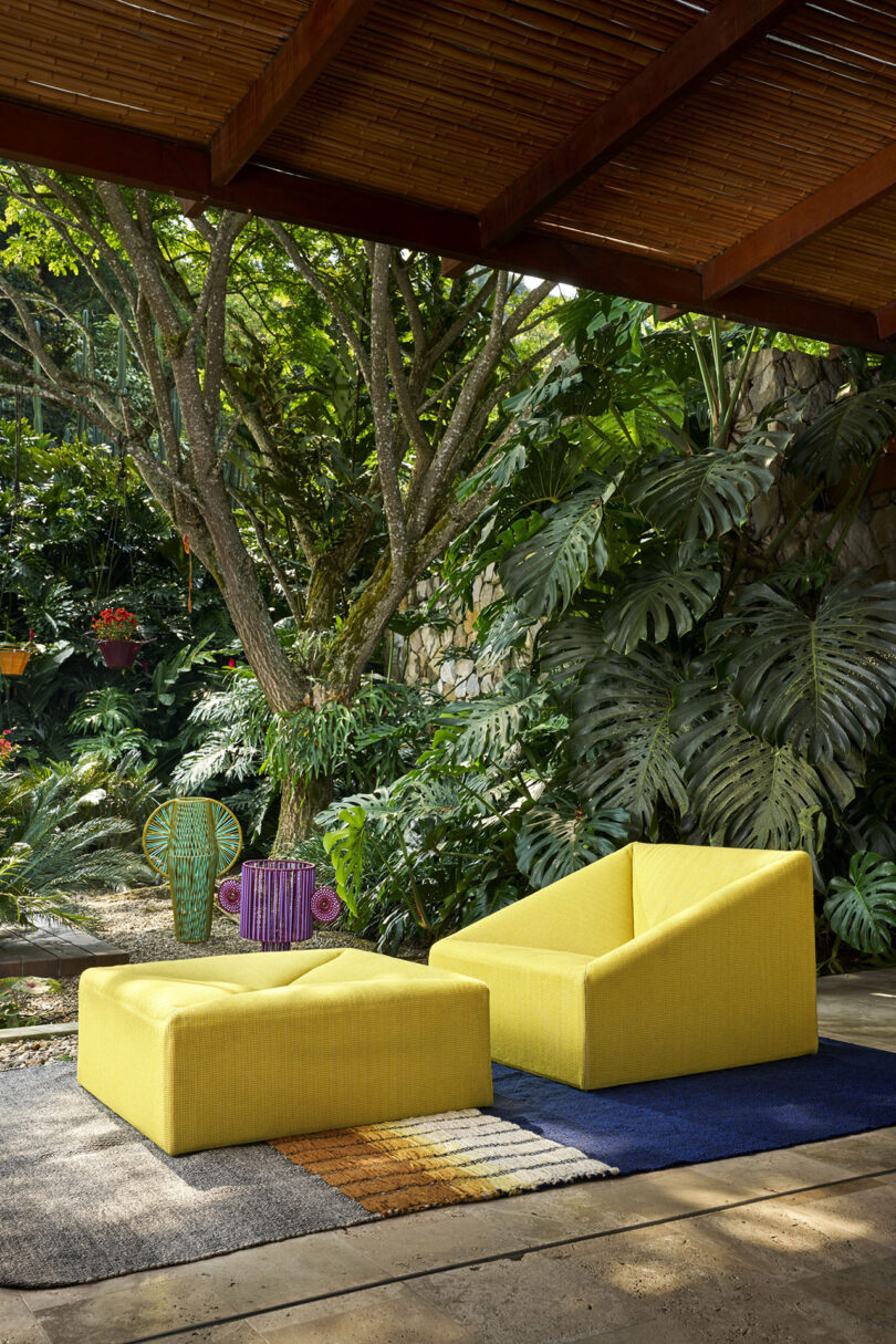 boxy yellow chair and matching ottoman outdoors