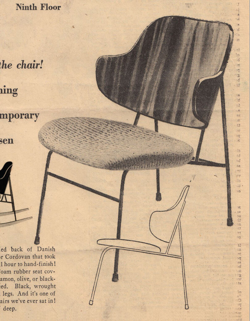 Vintage 1950s print advertisement of the original Penguin Dining Chair, with both a photograph in black in white alongside a side profile illustration of the chair's wrought iron legs.