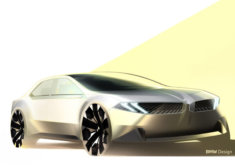 Early concept digital illustration of the BMW Vision Neue Klasse concept in silver, with a sharp yellow ray of light shining across it.