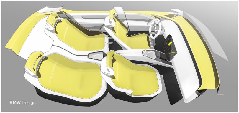 Simple digital illustration showcasing all four passenger seats isolated from other parts of the car, revealing their placement within the BMW Vision Neue Klasse white and yellow interior.