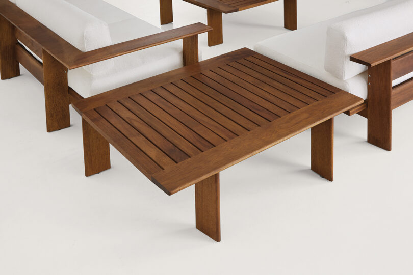 detail of square wood coffee table