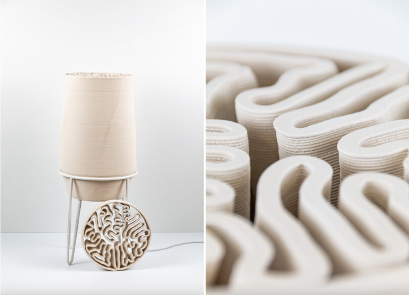 Two side by side photos of the Biomimcry 3d printed ceramic cooling vessel, right side of the complete terracotta cooler, stand and 3D printed insert, with left side showing a close up macro detail of the interior coiled design.