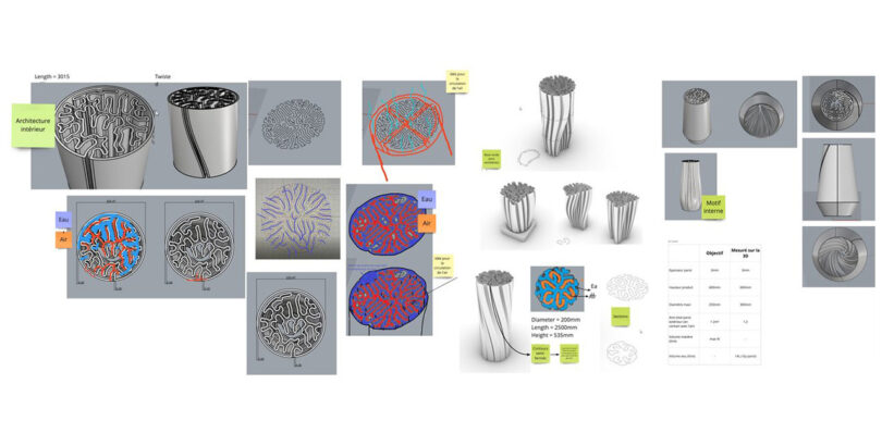 A collection of 3D images of the Biomimcry 3d printed ceramic cooling vessel during its planning and design stages with notes about its coral-based shape and how it increases surface area cooling.