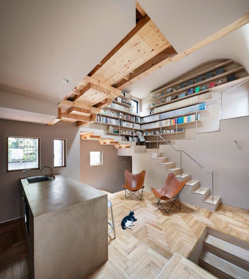 view from kitchen into open modern living room with stairs rising to walls of shelves