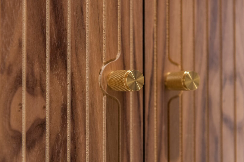 closeup view of brass knobs opening doors to modern home theater